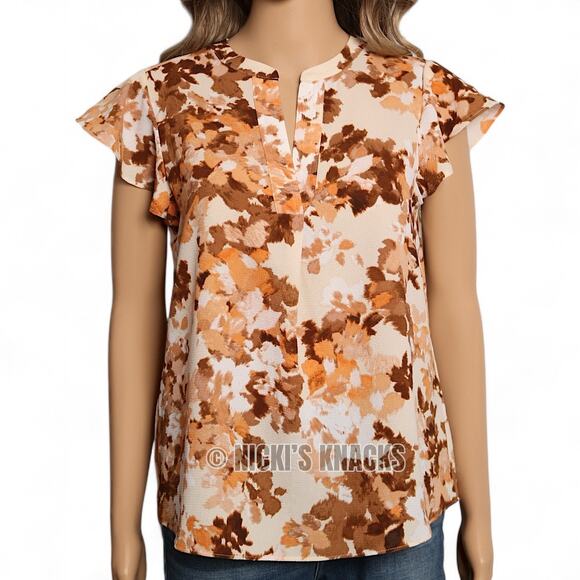 Calvin Klein Orange Floral Crepe Blouse Flutter Sleeves Split Neck Top Size S - Picture 3 of 10